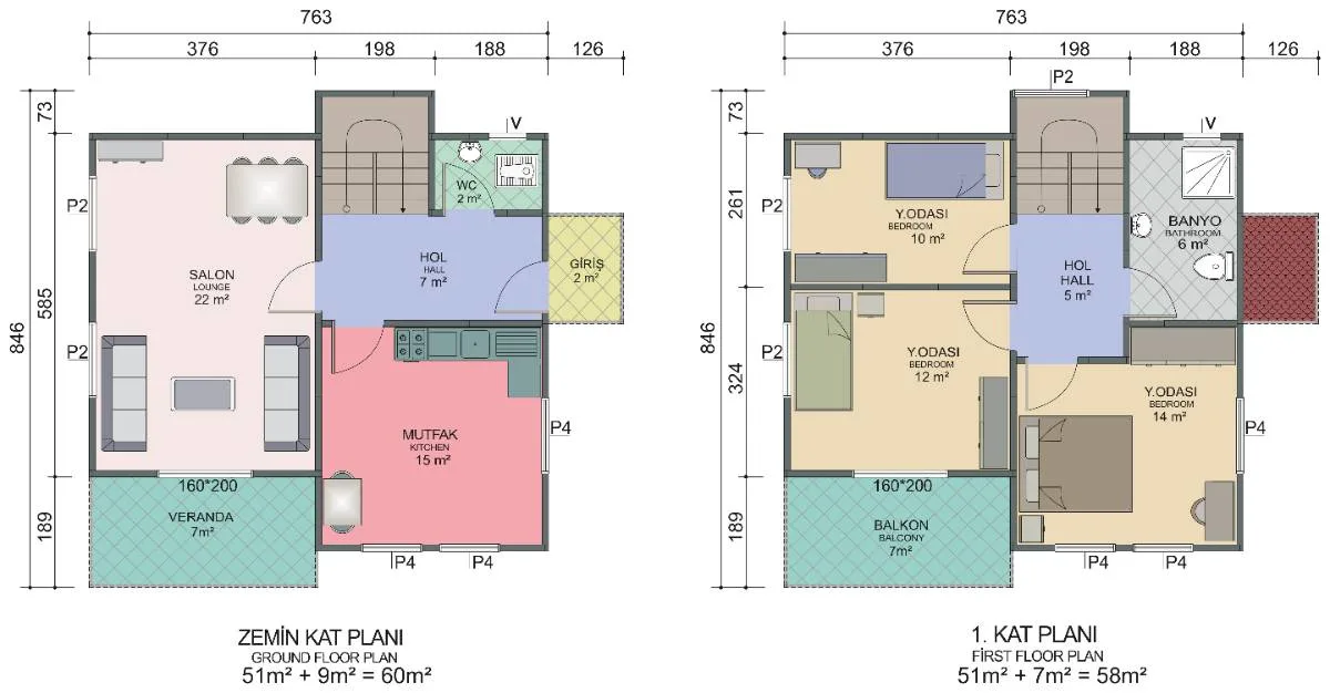 118 m² 2 Katlı 3+1 Prefabrik Ev